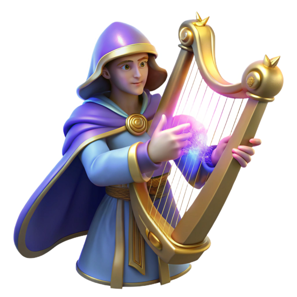 Fantasy Wizard 3D Render Playing Lyre png