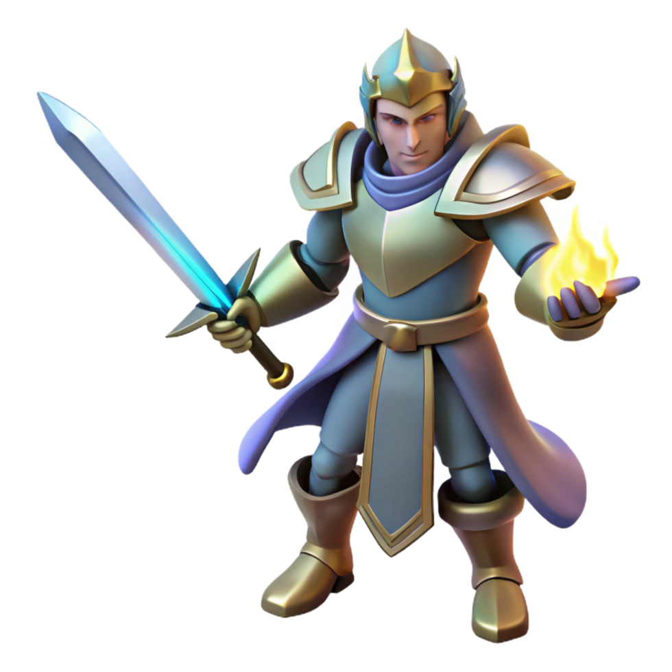 3D Render Fantasy Knight with Sword and Flame png