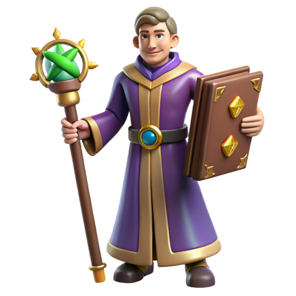 3D Cartoon Wizard with Staff and Book png