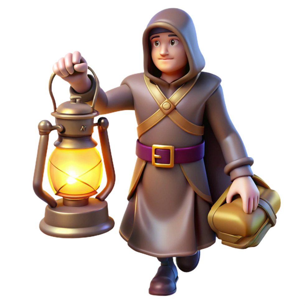 3D Render of a Young Traveler with Lantern png