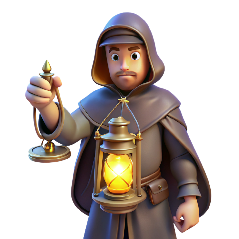 3D Cartoon Monk with Lantern Illustration png