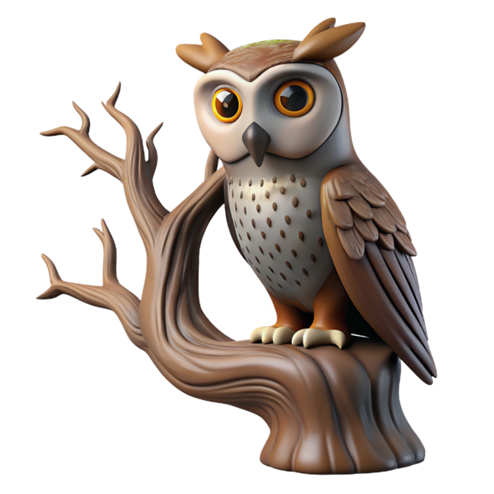 Cartoon Owl 3D Render on Tree Stump png