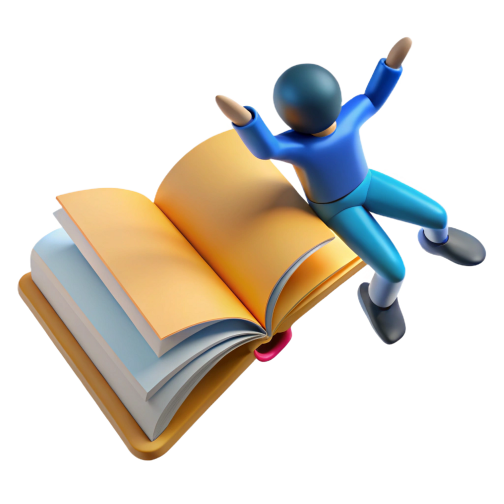3D Illustration Joyful Reader on Open Book png