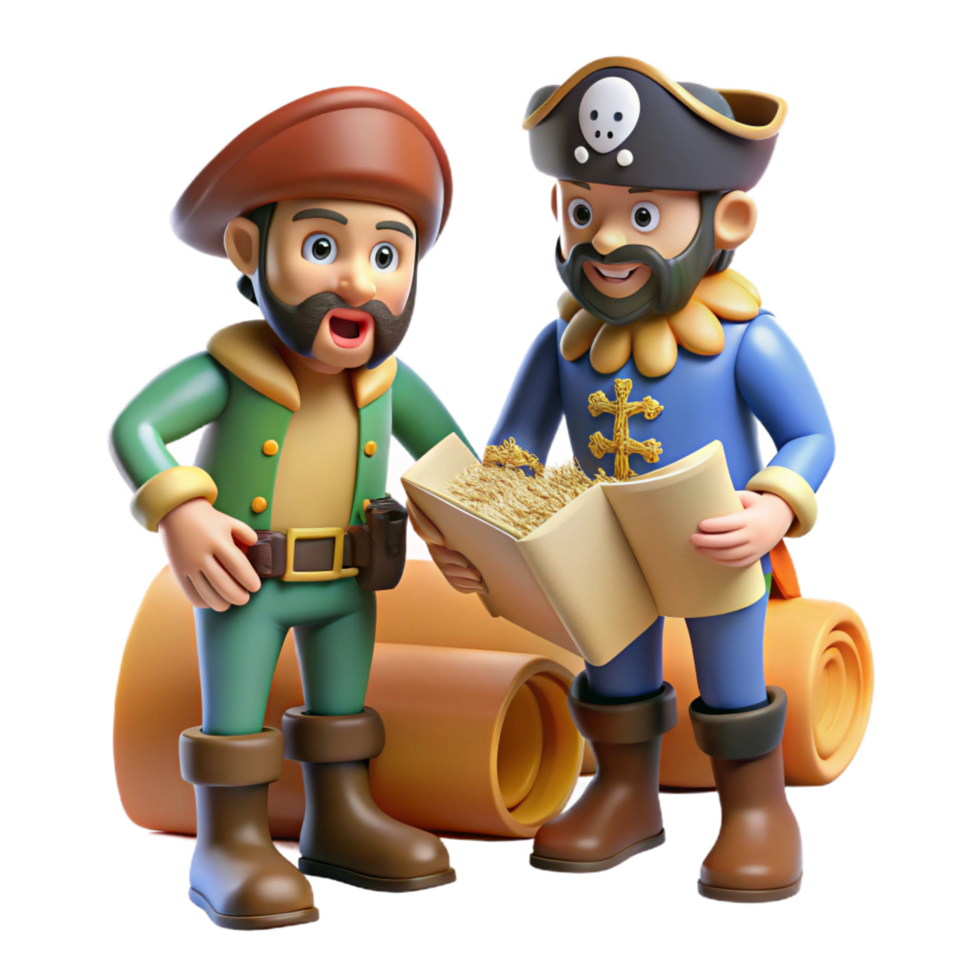 3D Cartoon Pirates Reading Treasure Map Illustration png