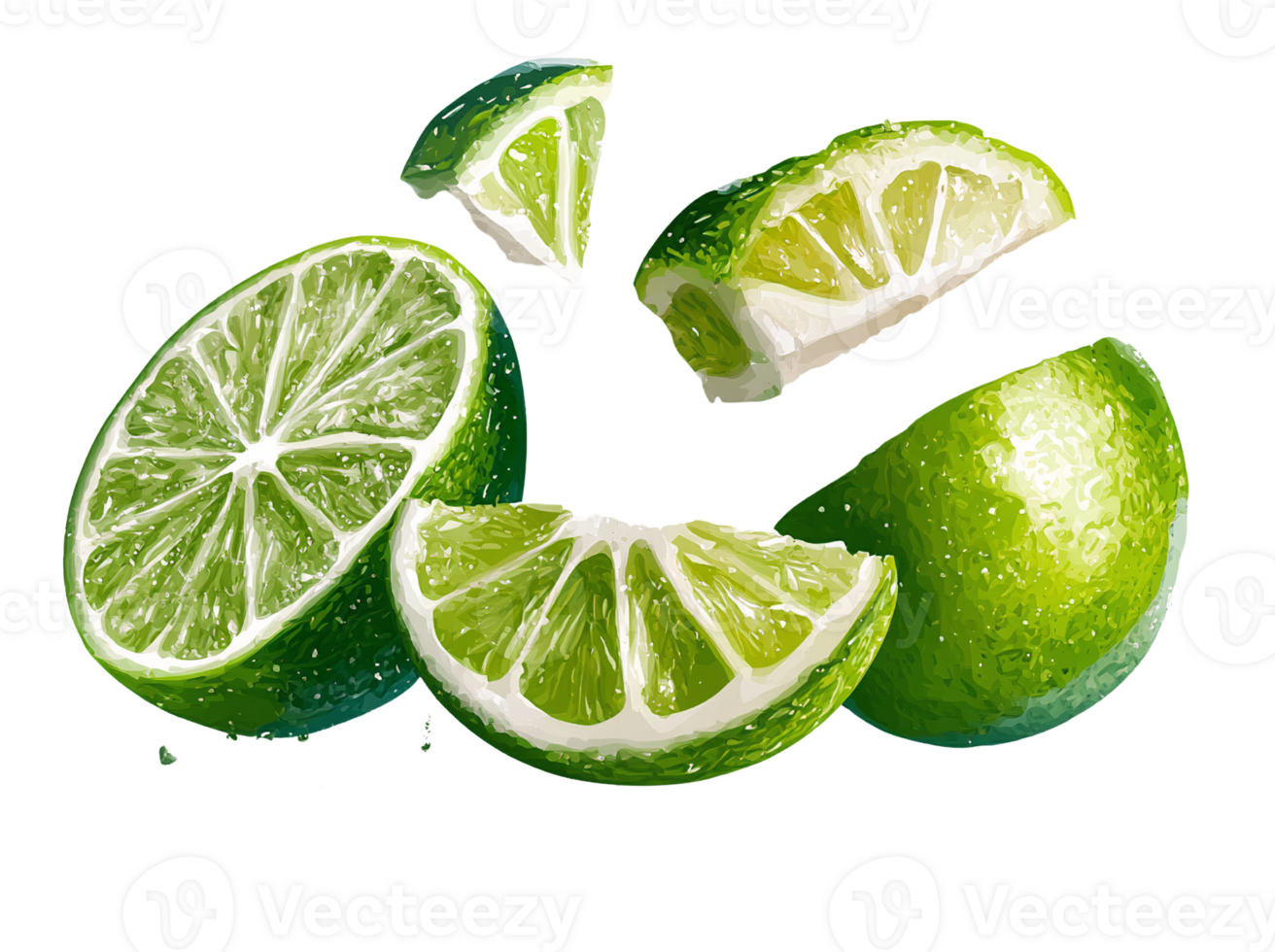 Juicy lime slices on transparent background digital painting png
