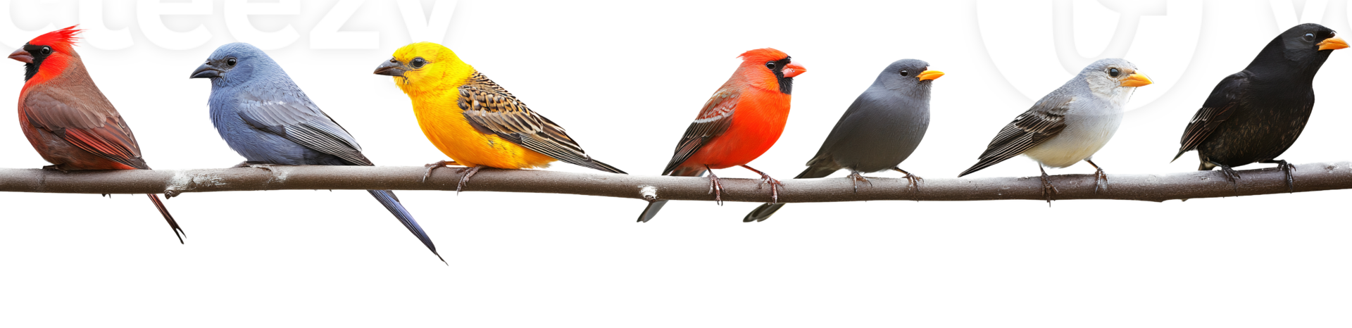 Multicolored Songbirds Perched in a Row on Transparent Background png