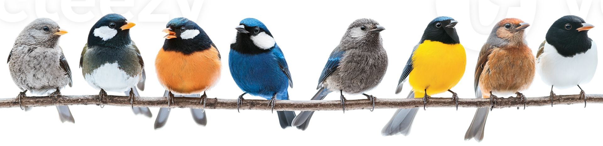 Colorful birds on branch isolated on transparent background png