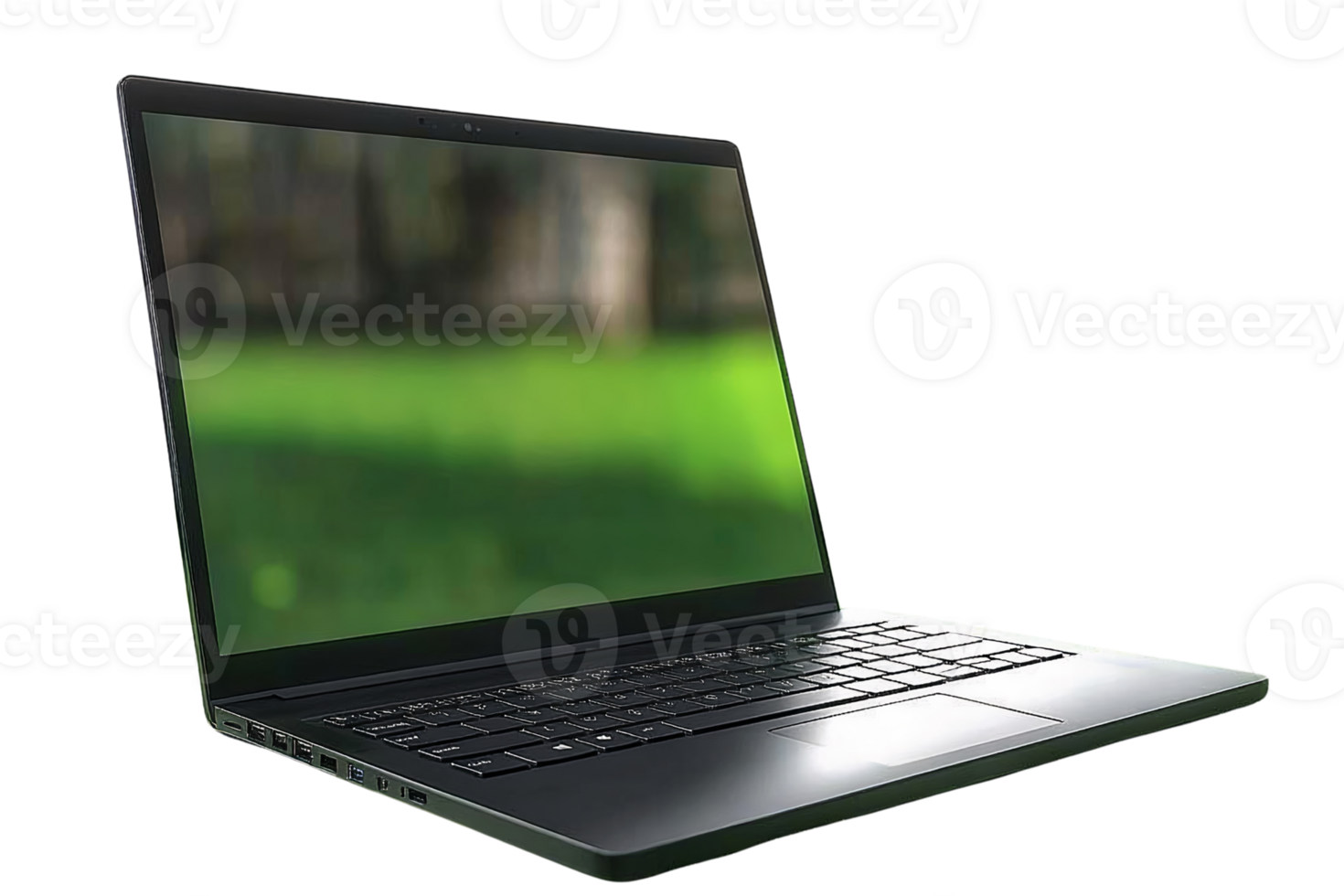 Black laptop with green nature background on transparent background png
