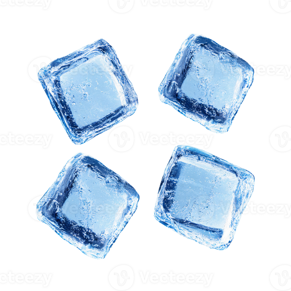 Ice cubes on transparent background, four crystal clear square ice blocks, frozen water, cold refreshment png