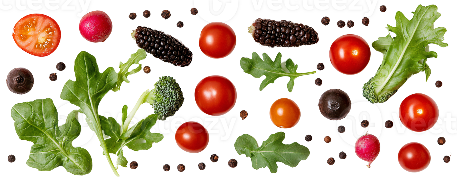 Red tomatoes and black corn food composition on transparent background png