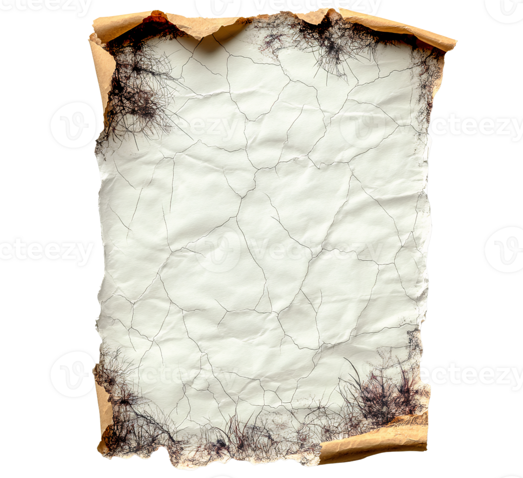 Burned edges paper texture, cracked and crumpled, isolated on transparent background png