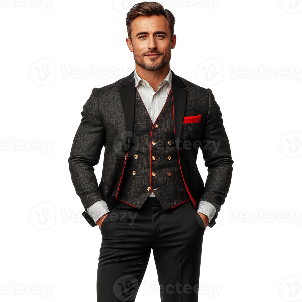 Man in black suit with red trim isolated on transparent background png