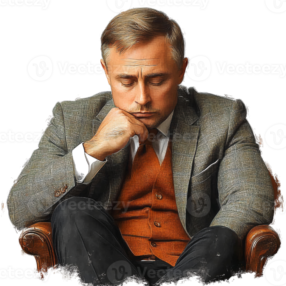 Pensive man in tweed jacket and waistcoat on transparent background png
