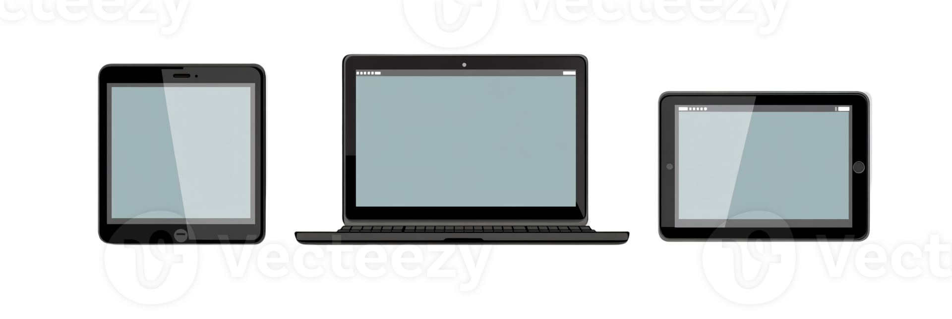 Black laptop, tablet and smartphone mockups on transparent background png