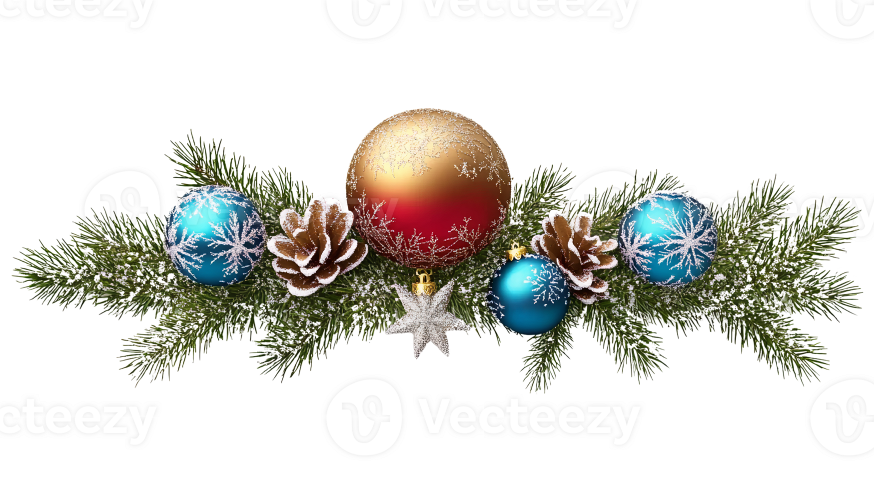 Christmas decoration festive fir branches with red gold and blue ornaments on transparent background png