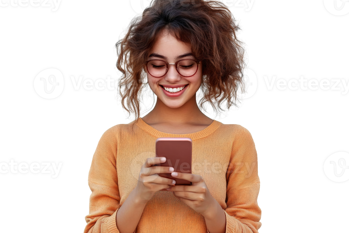 Smiling woman using smartphone on transparent background png