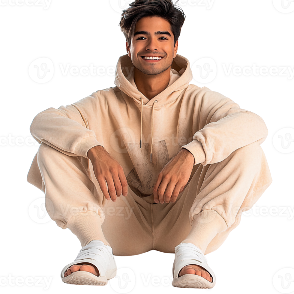 Smiling man in beige hoodie and pants on transparent background png