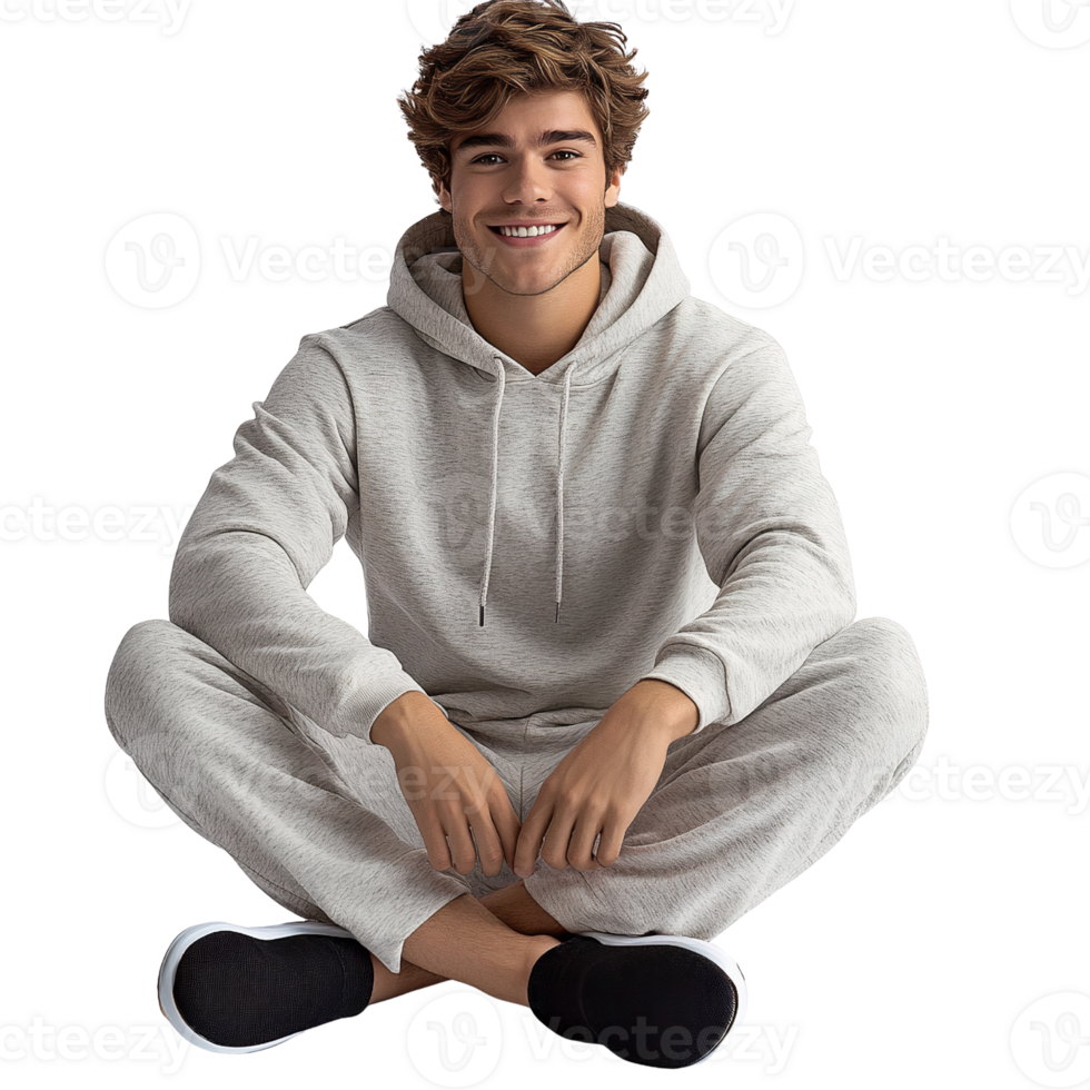 Smiling man in light gray hoodie and sweatpants on transparent background png