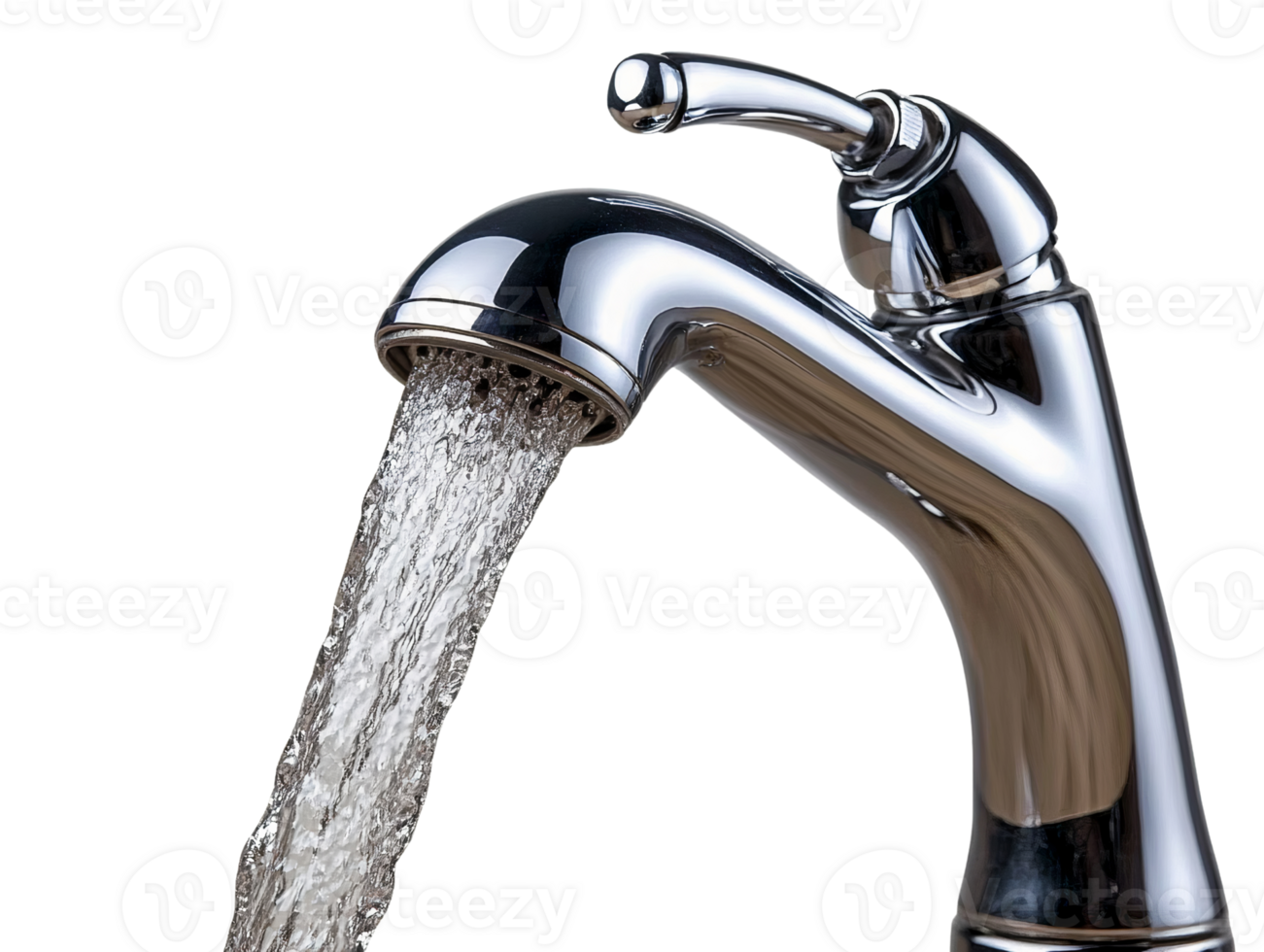 Realistic Metal Faucet with Water Stream on Transparent Background png