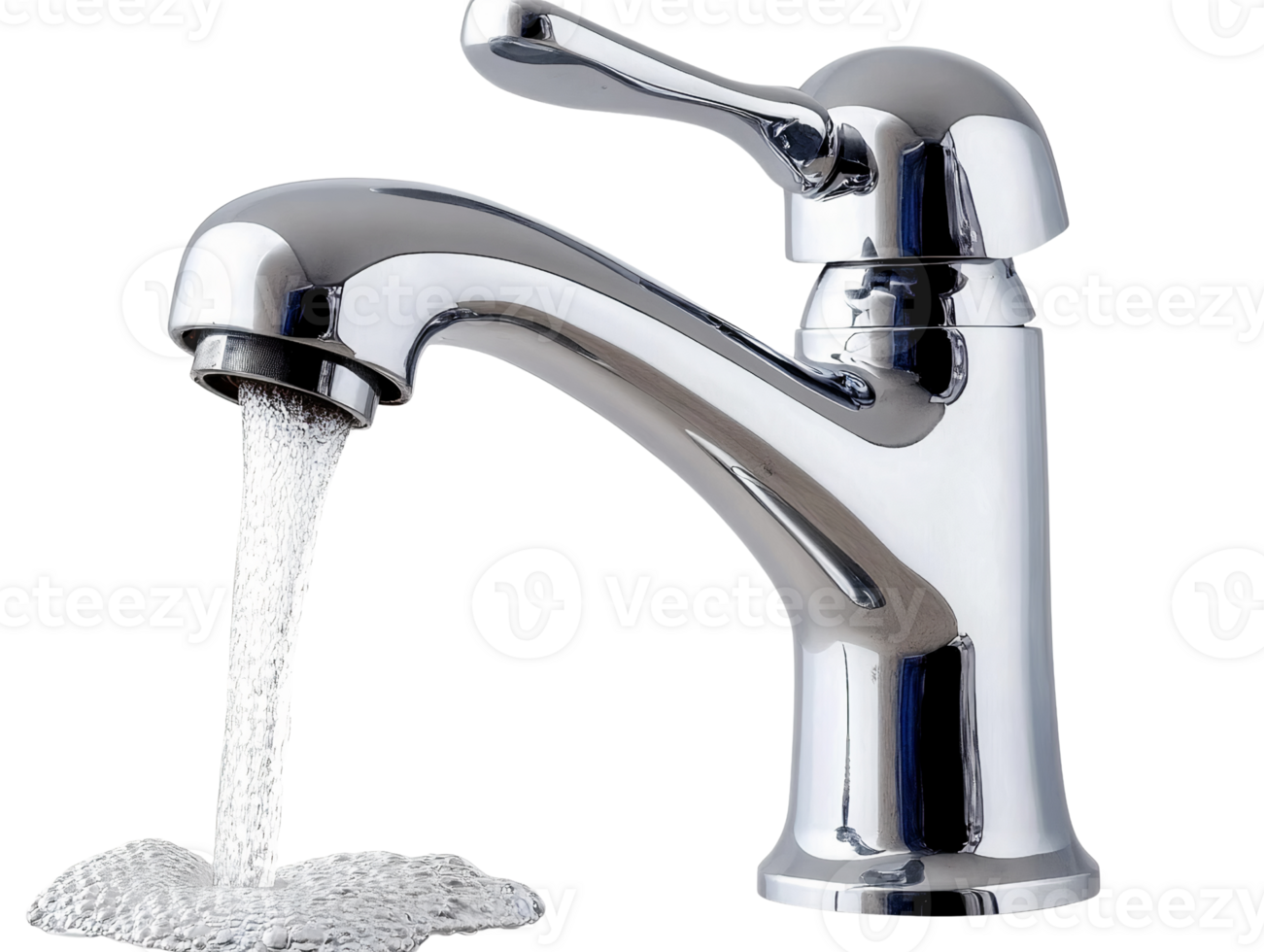 Metallic Faucet with Pouring Water on Transparent Background png