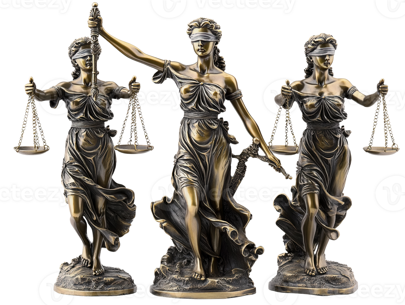 Bronze lady justice statues set on transparent background png