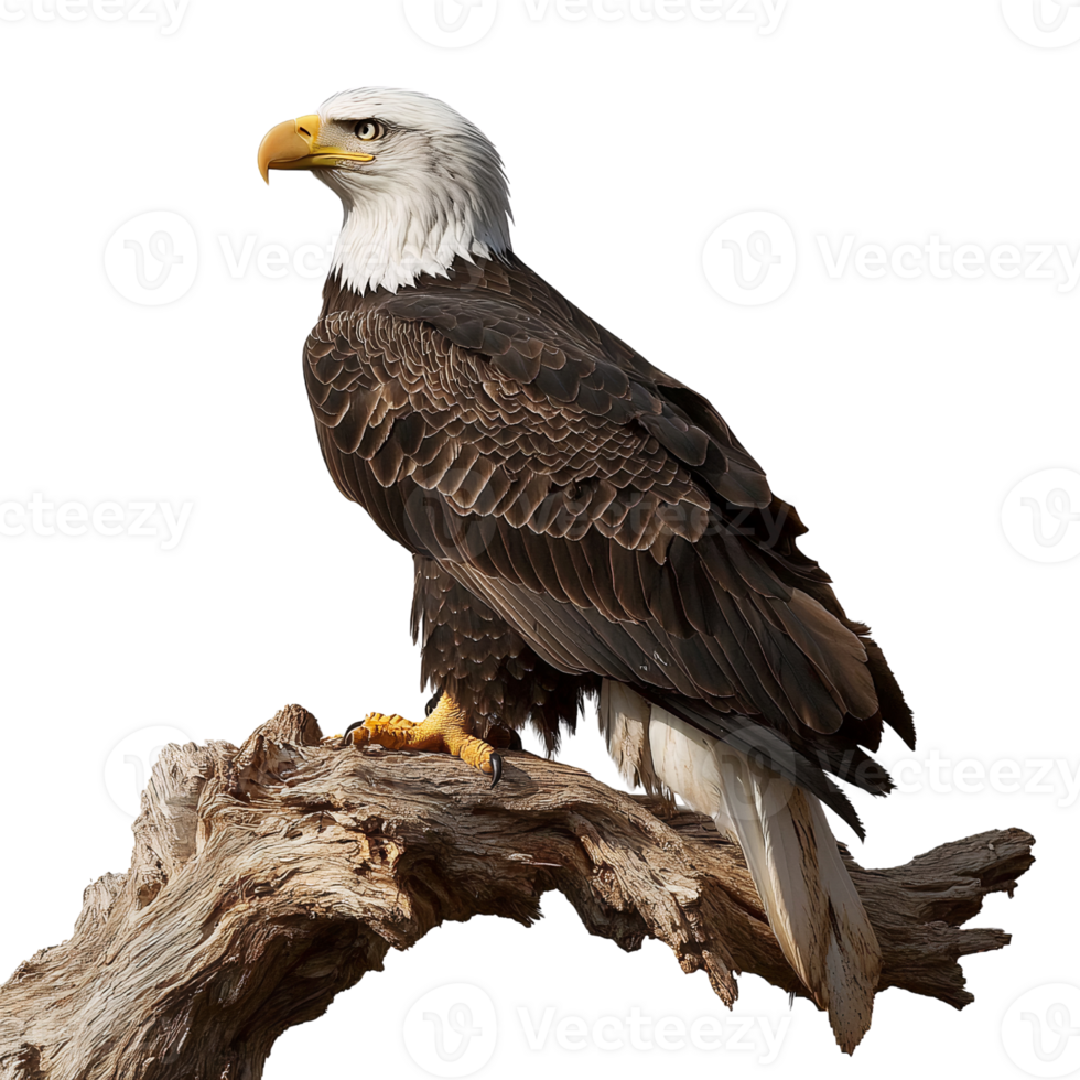 Bald eagle on old wood branch on transparent background png