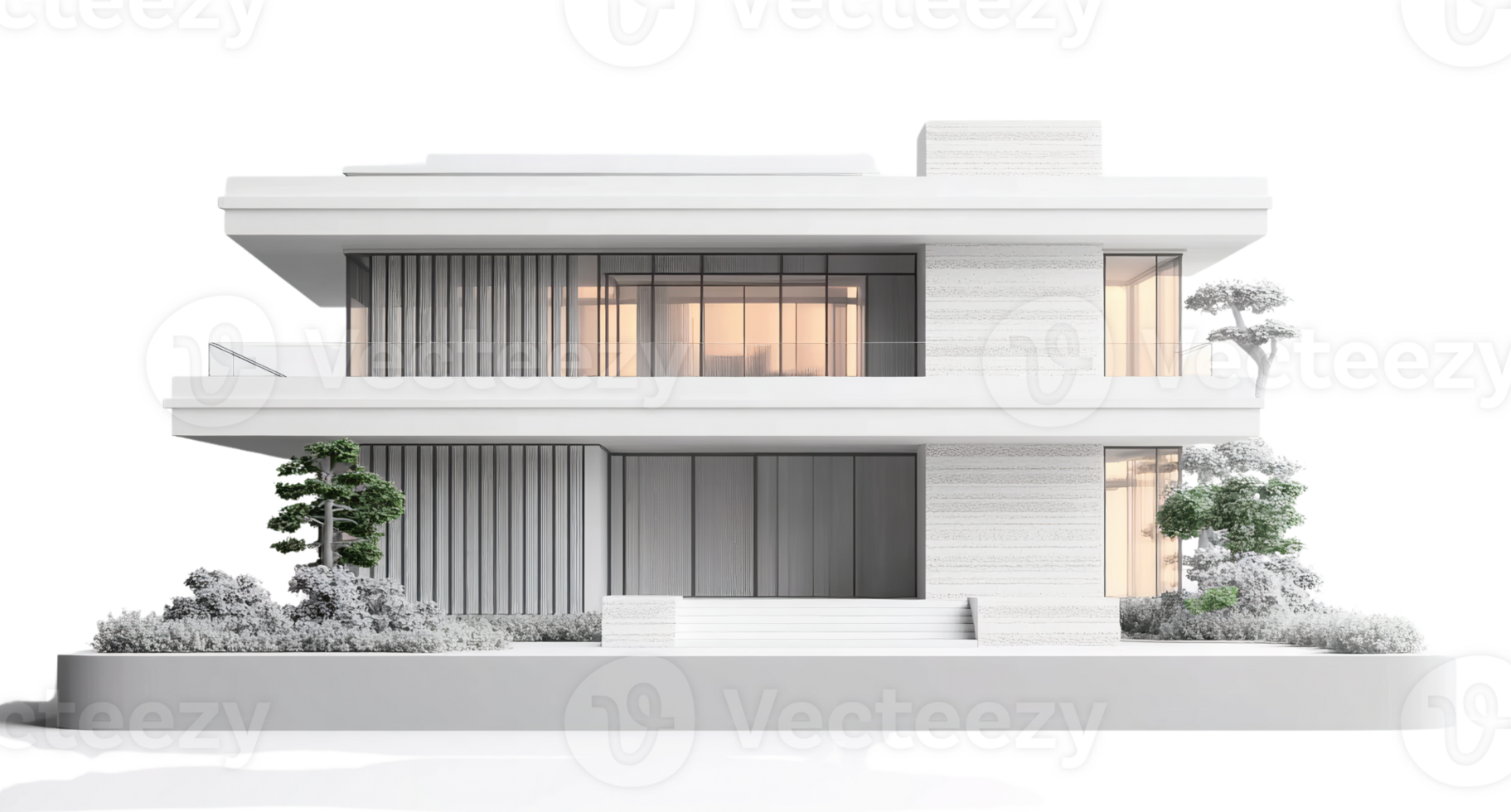 Modern two-story white house architectural 3d render on transparent background png