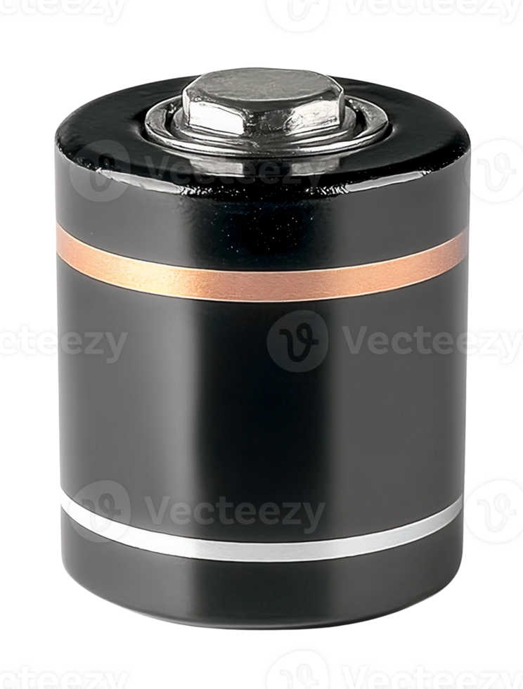 Black battery with copper and silver accents on transparent background png