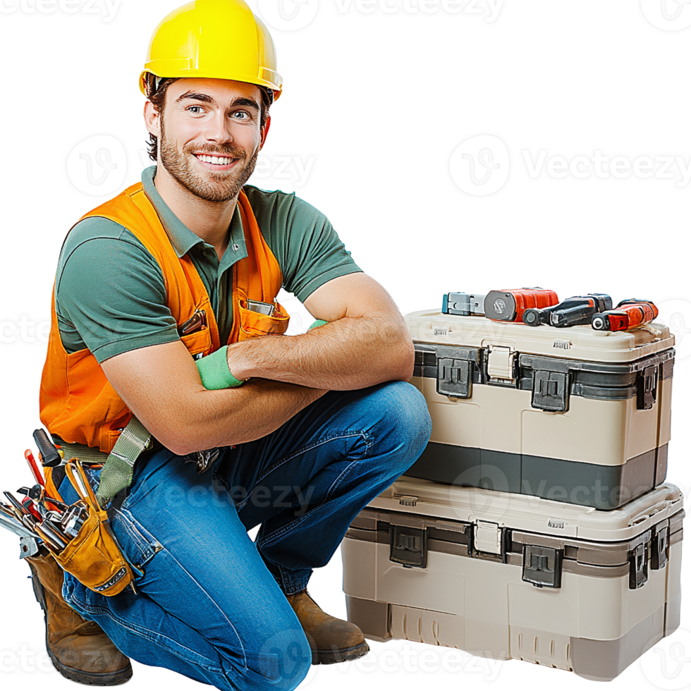 Smiling handyman kneeling with toolboxes on transparent background png