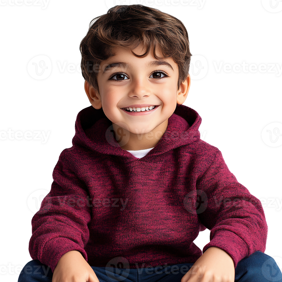 Smiling boy in maroon hoodie on transparent background png