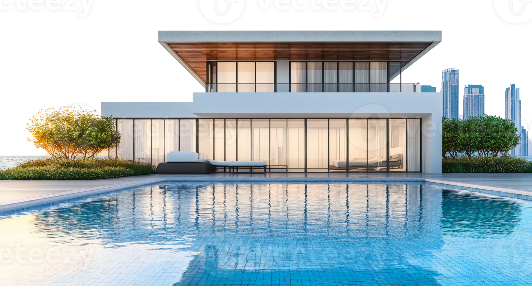 Modern house with infinity pool on transparent background png