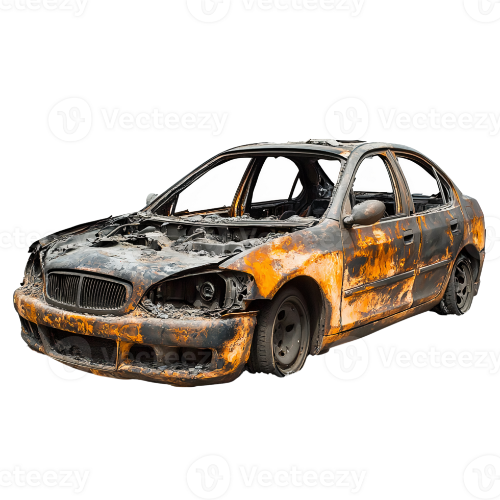 Burned car wreckage isolated on transparent background png