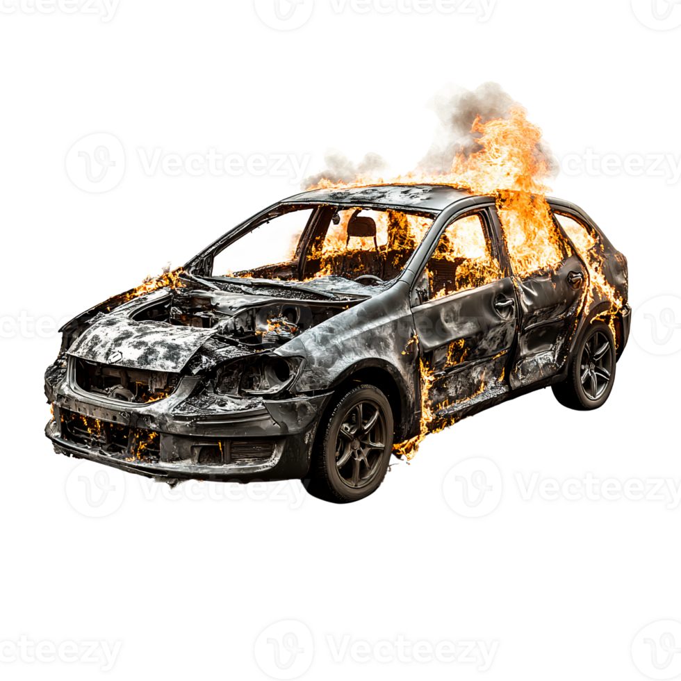 Burning car wreckage on transparent background png