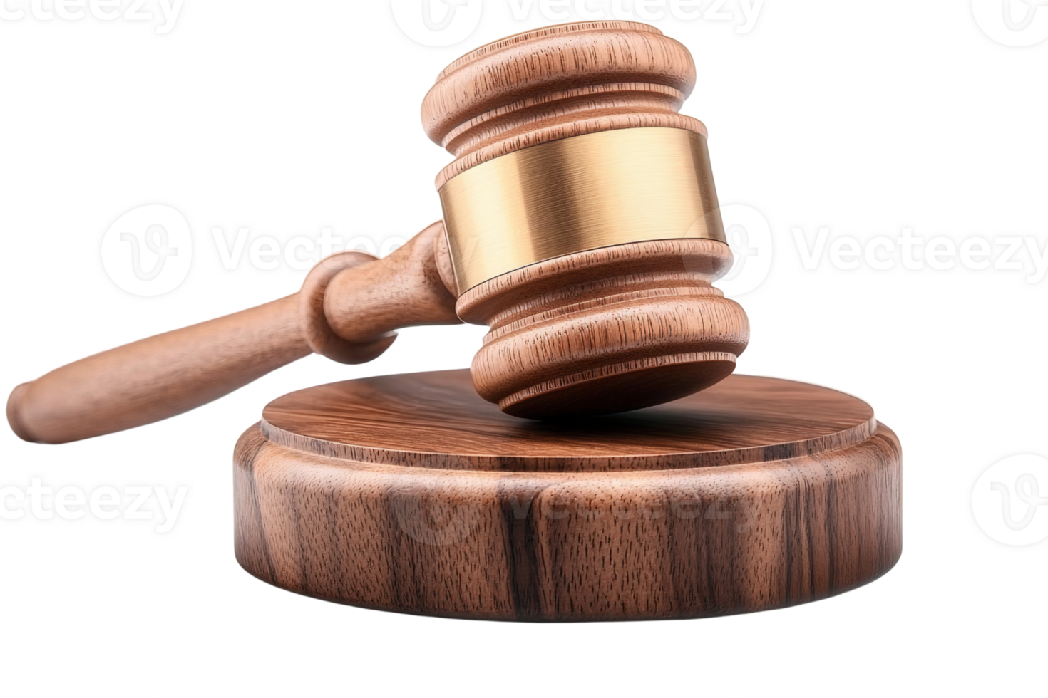 Wooden gavel with gold band on sound block, isolated on transparent background png