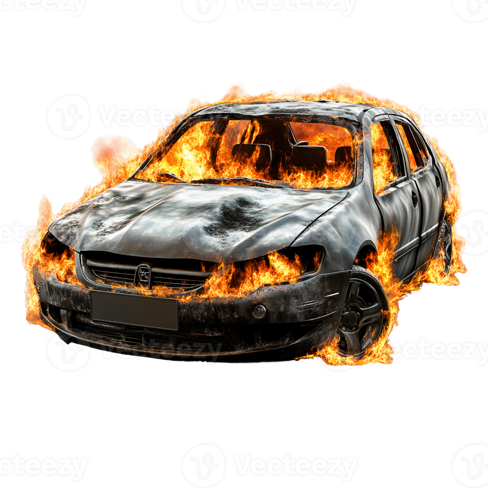 Burning car on transparent background png