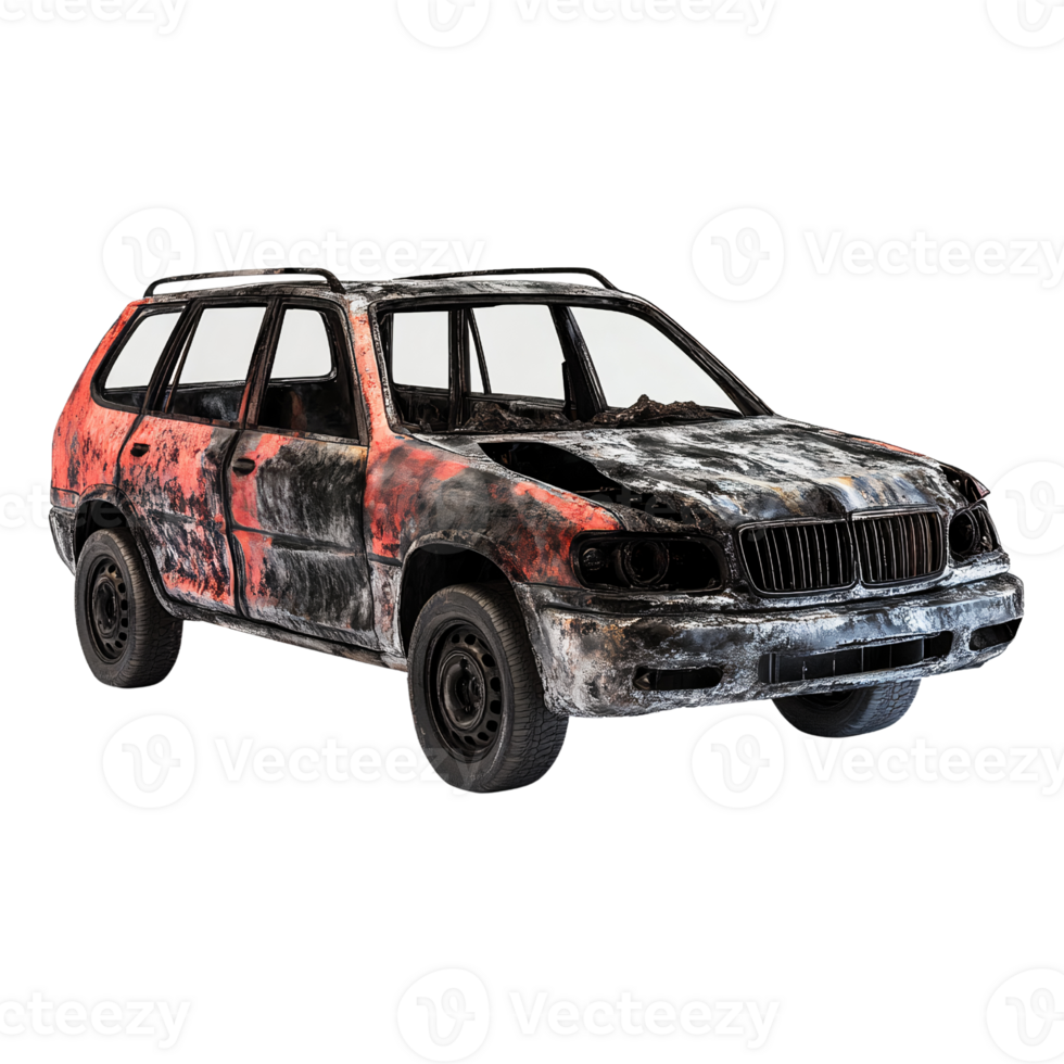 Burned car wreck station wagon on transparent background png
