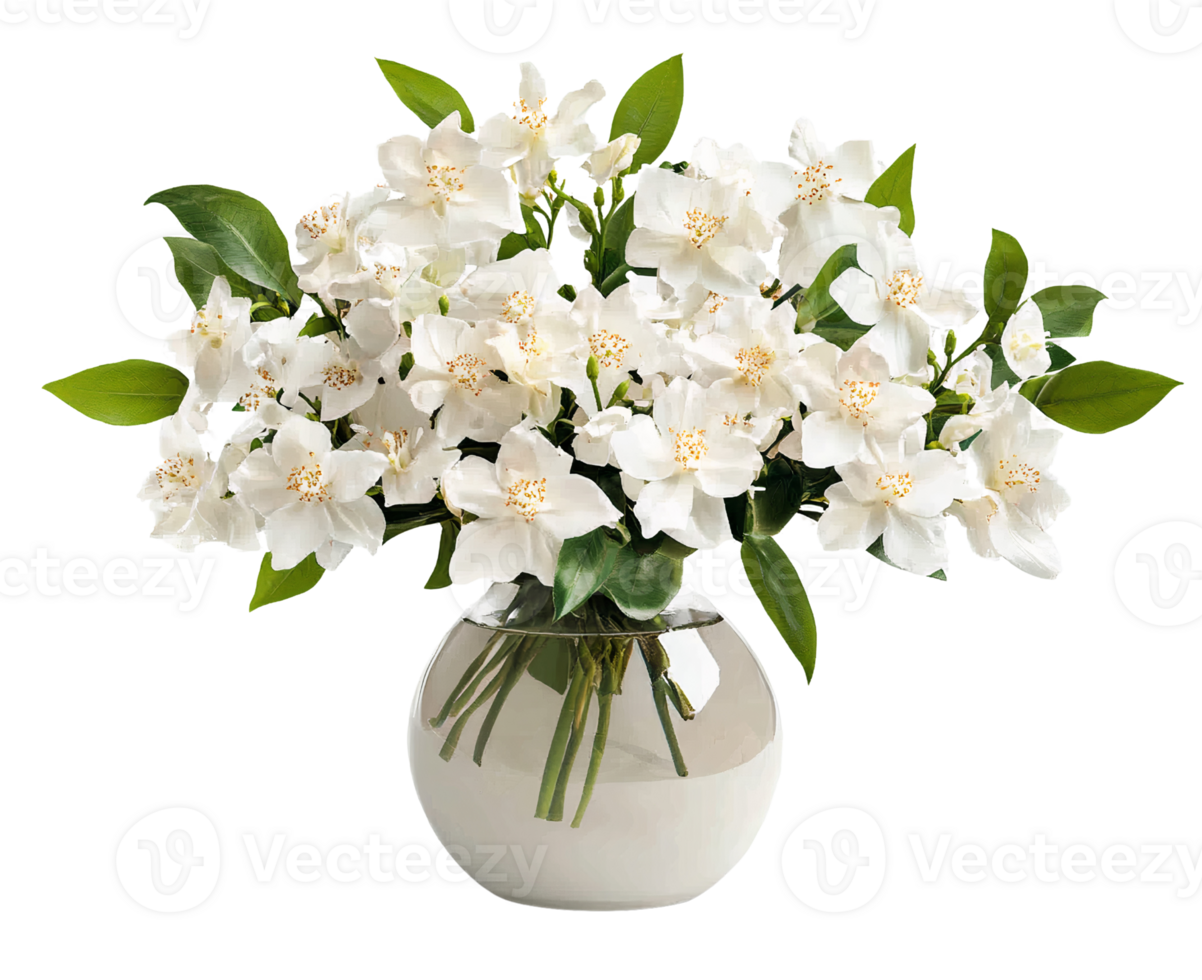 White jasmine bouquet in glass vase on transparent background png
