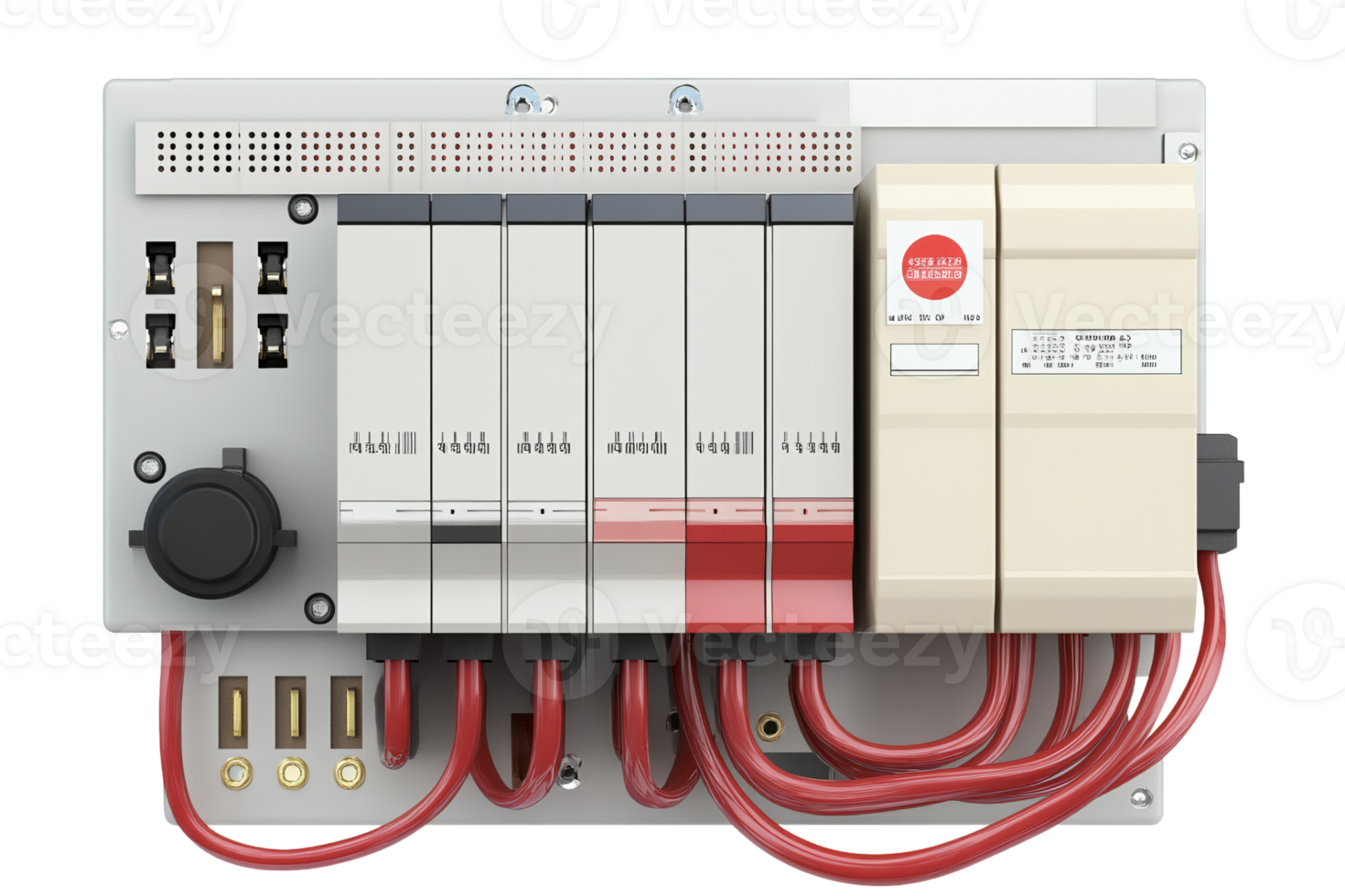 Circuit breaker panel with red wires isolated on white background png