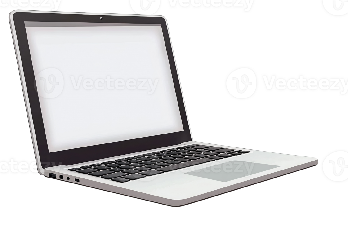 Silver laptop computer with blank screen on transparent background png
