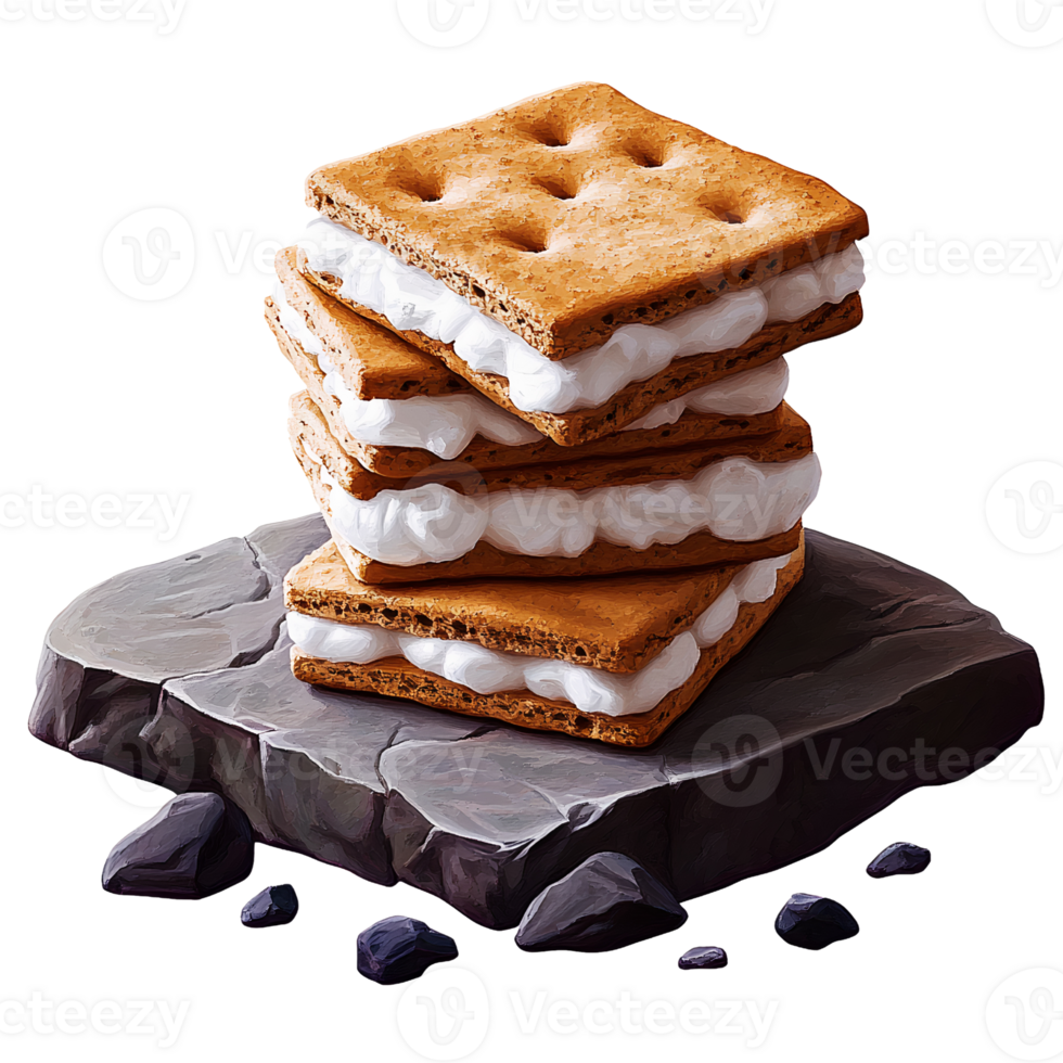 Stacked graham crackers with marshmallow cream on dark stone png