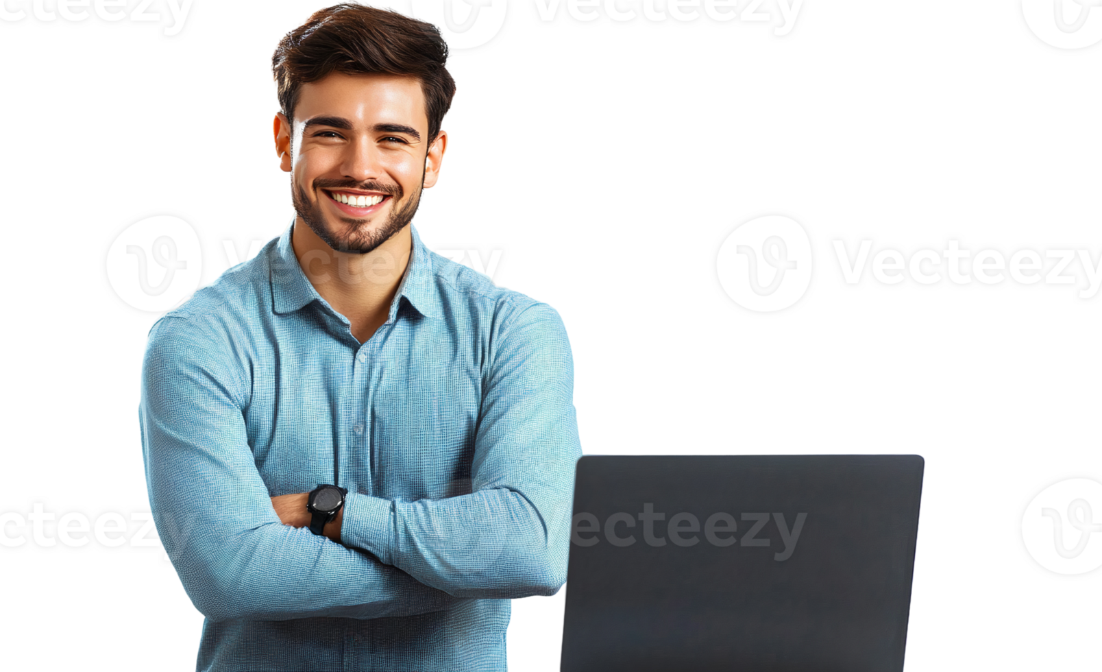 Smiling man in blue shirt with laptop on transparent background png