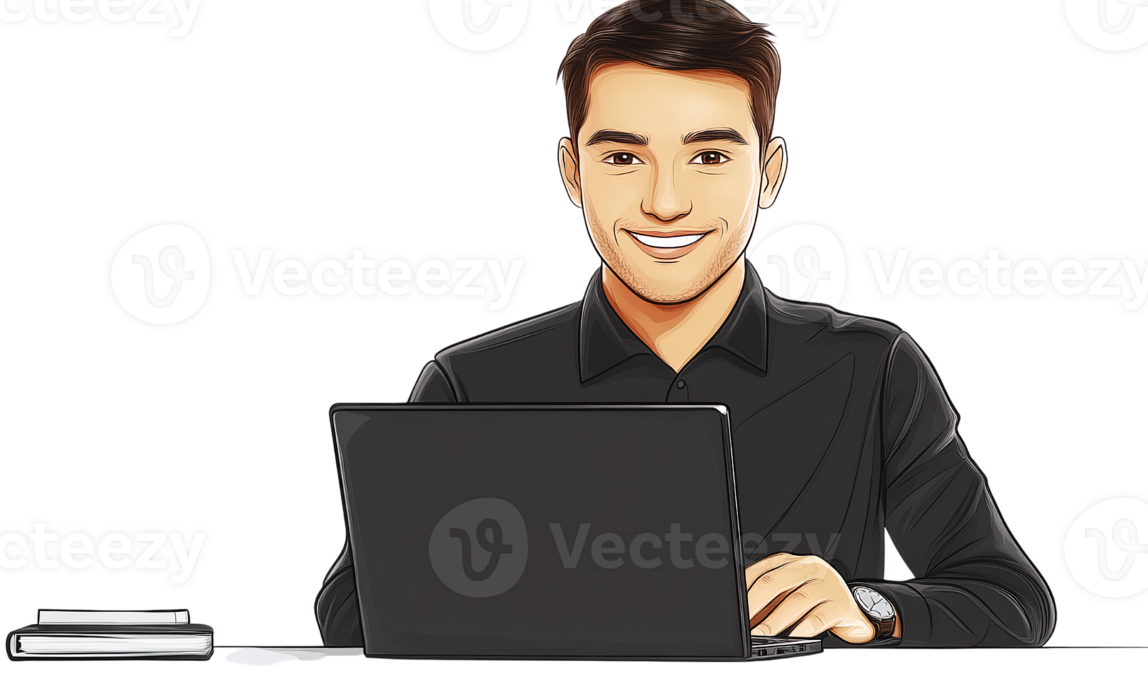 Smiling man working on laptop on transparent background png