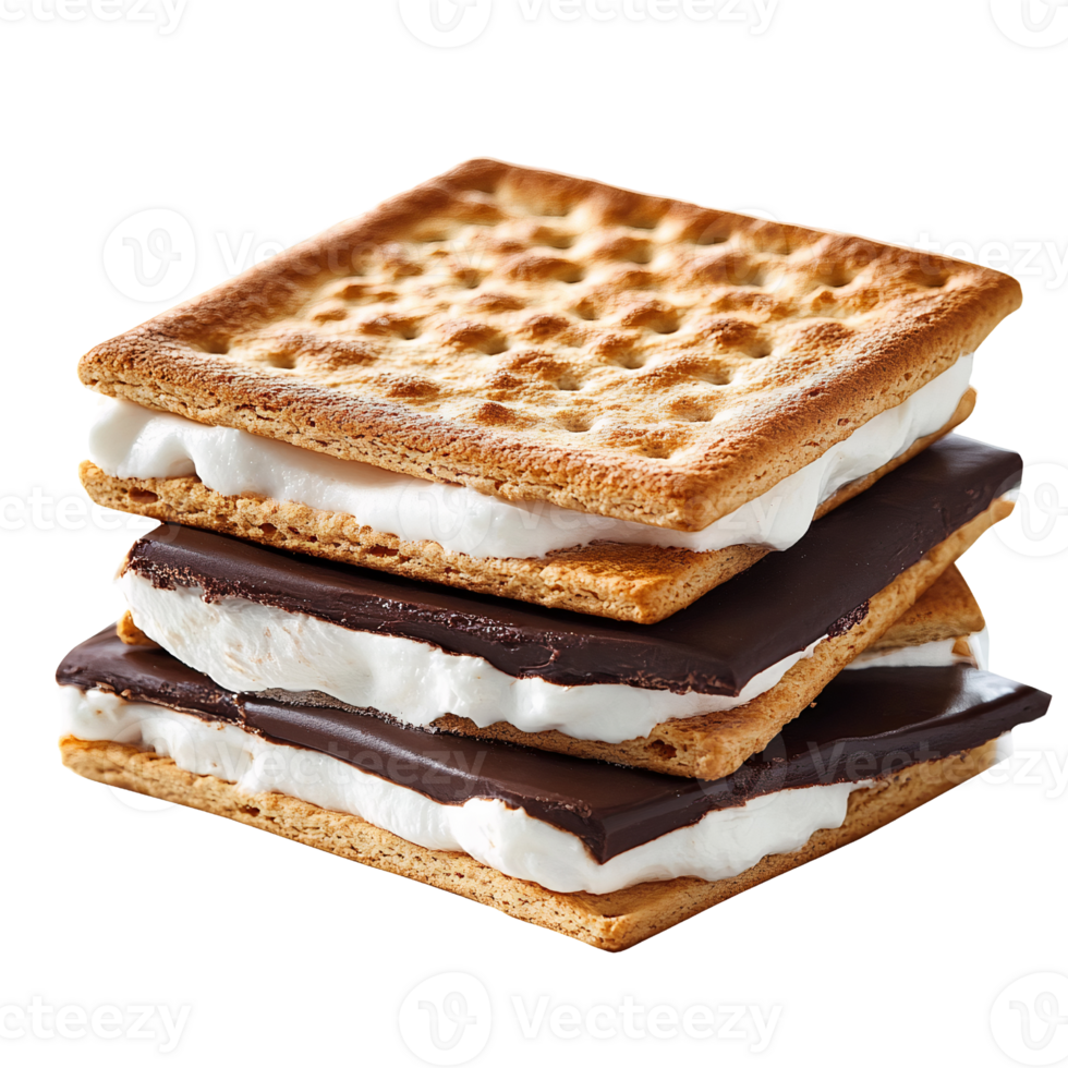 Stacked s'mores with melted chocolate and marshmallow on transparent background png