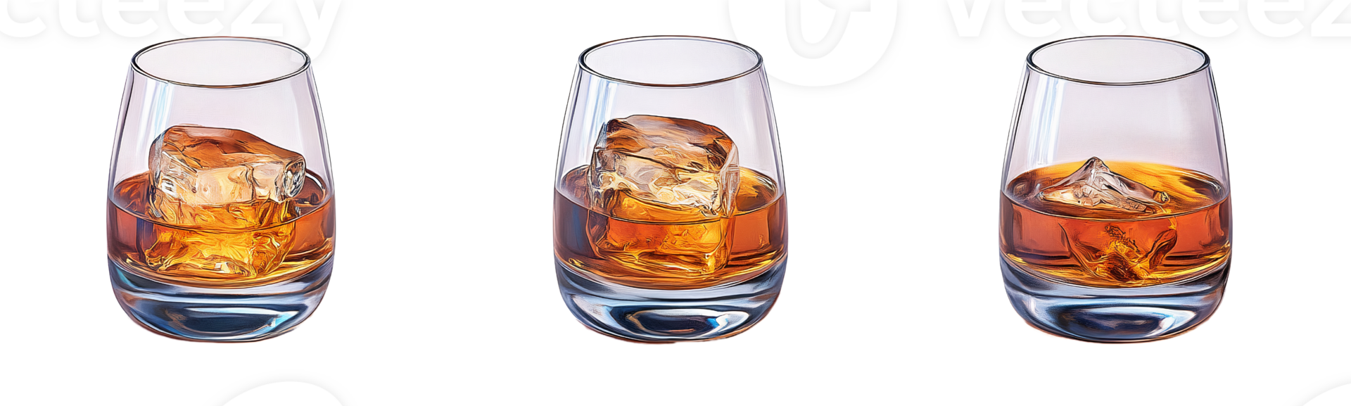 Whiskey glasses with ice cubes on transparent background png