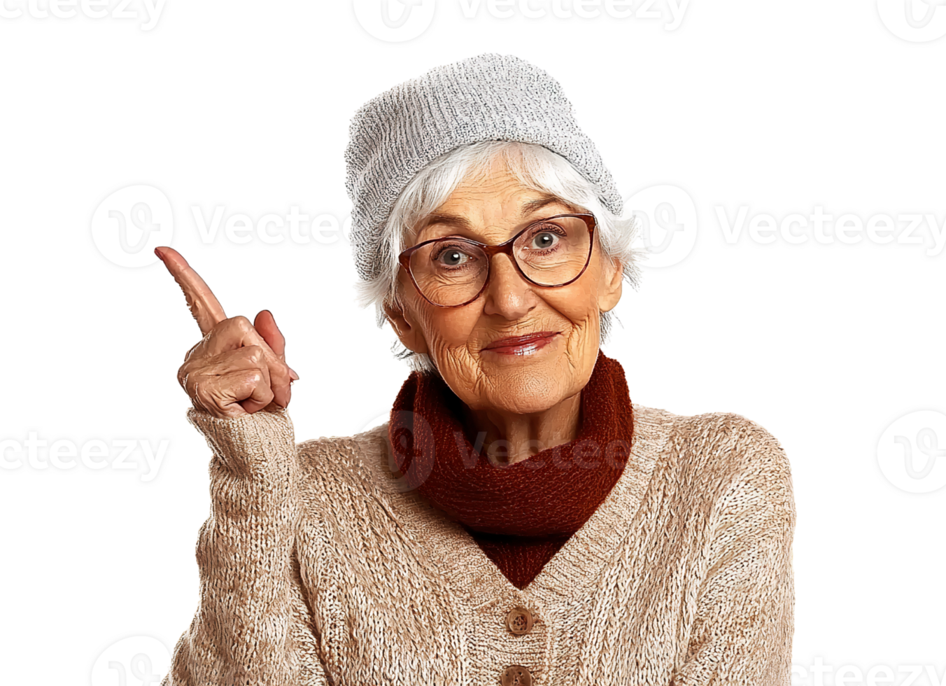 Senior woman pointing up on transparent background png