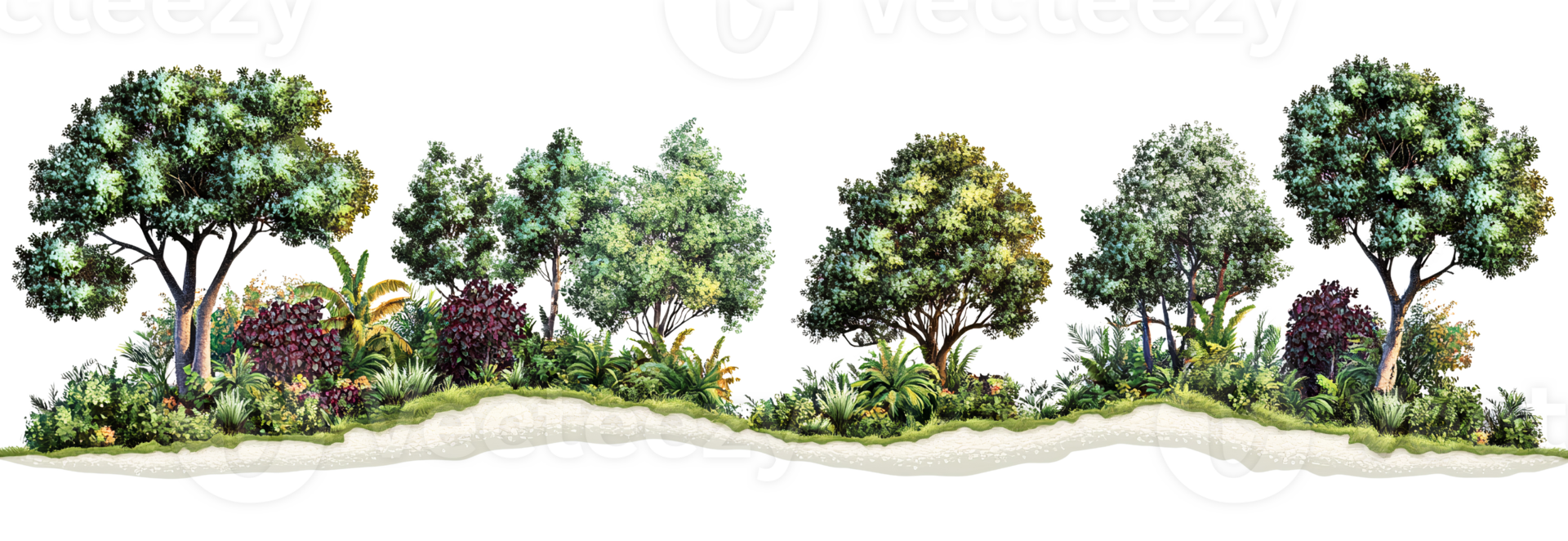 Lush tropical trees and plants landscape on transparent background png