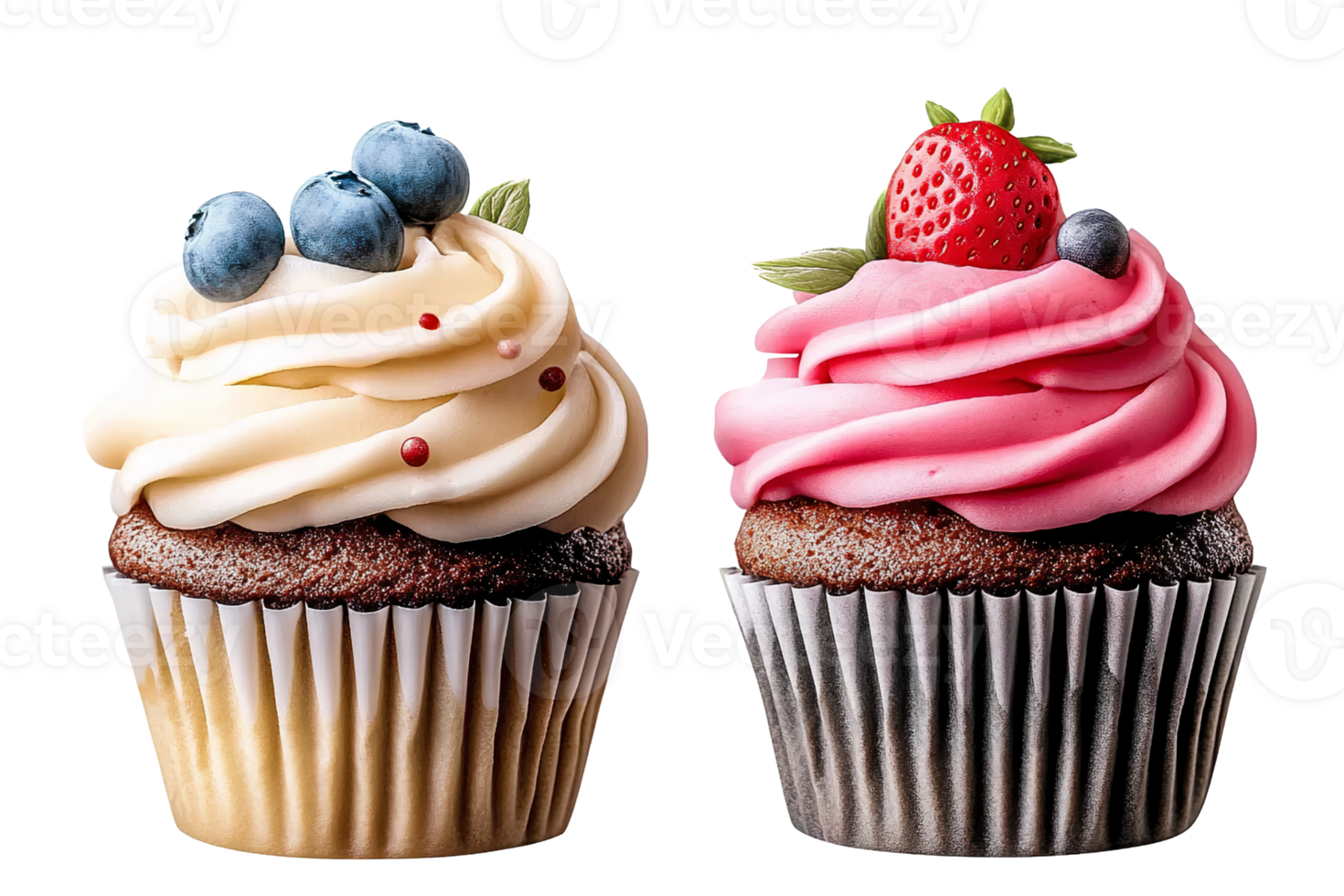 Delicious cupcakes with cream cheese frosting and berries on transparent background png