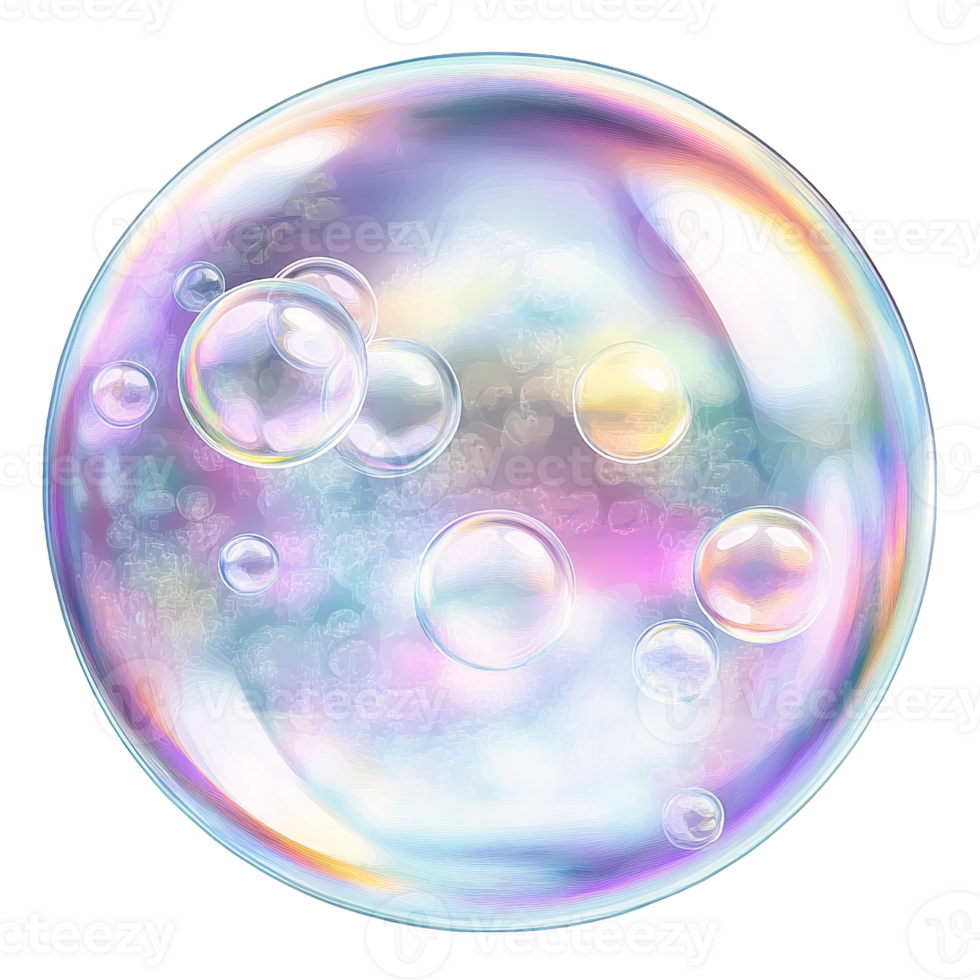 Iridescent soap bubble with smaller bubbles inside on transparent background png
