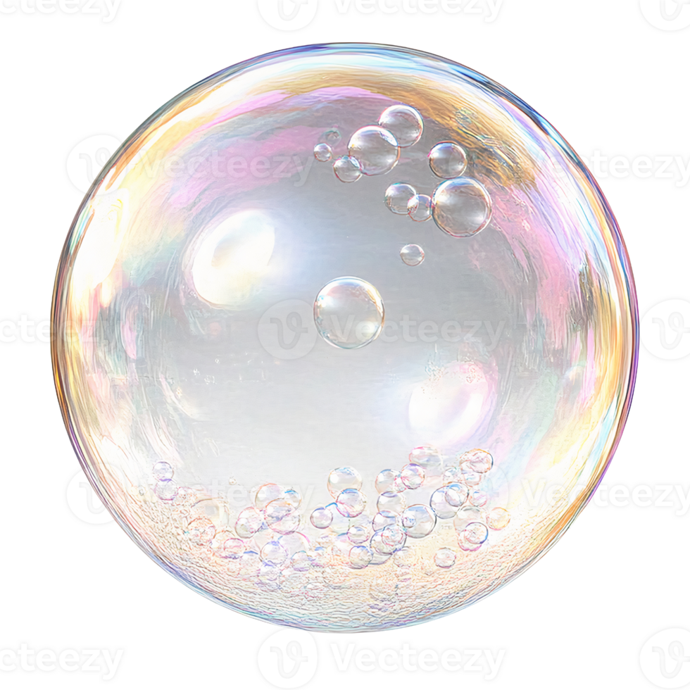 Iridescent soap bubble with inner bubbles on transparent background png