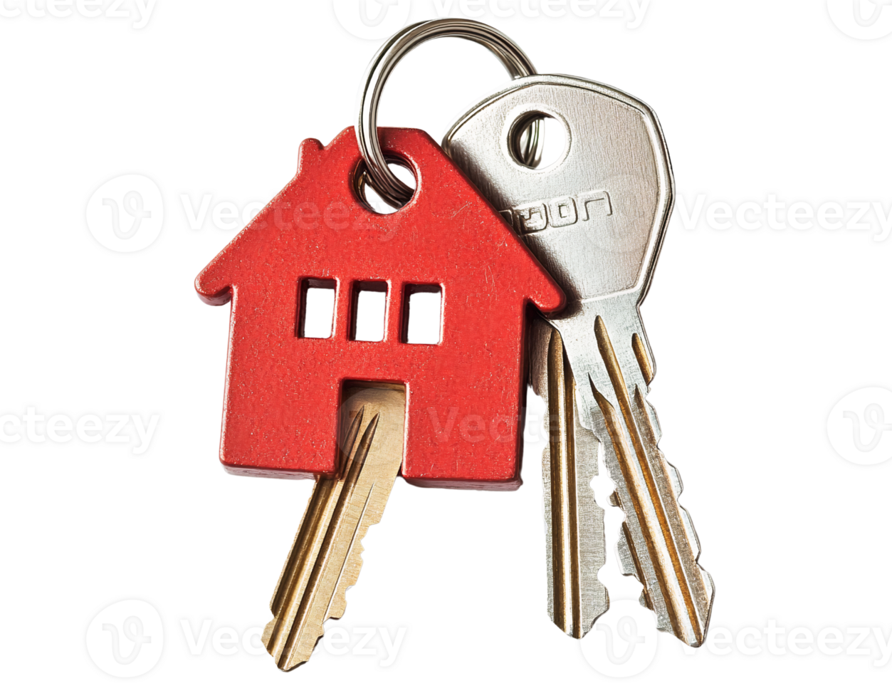 Red house shaped keychains with keys on transparent background png